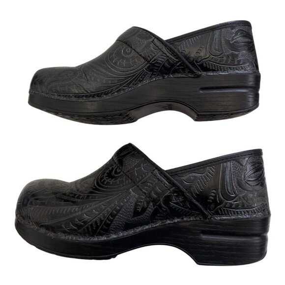 Dansko Womens 10 Clogs Cabrio Tool Black Leather Slip Resistant Nurse Paisley - Picture 2 of 11